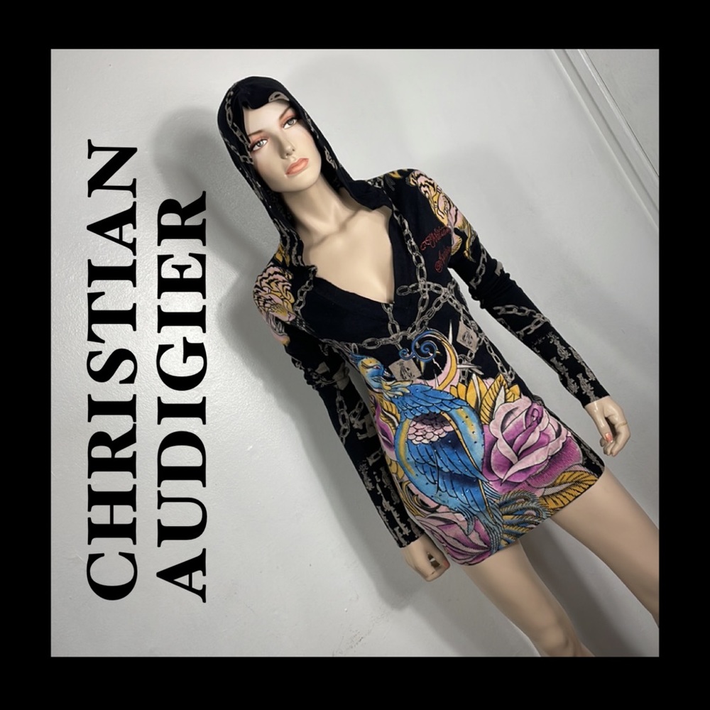 Christian Audigier Black Hooded Mini Dress with Blue Parrot and Pink Rose Print